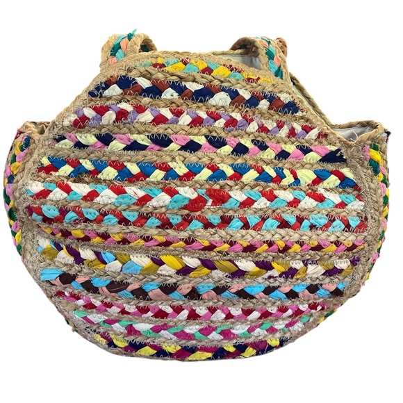 Multicolor Jute Hobo Tote Bag w/Vibrant multicolor Braided Design snap closure - Picture 3 of 16